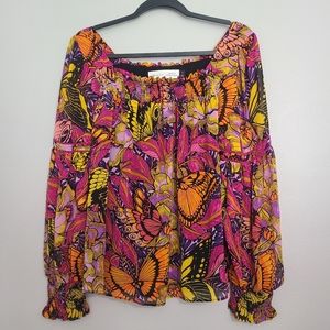 Anthropologie Alexandra Farmer Pink Orange Colorful Novelty Butterfly Blouse M